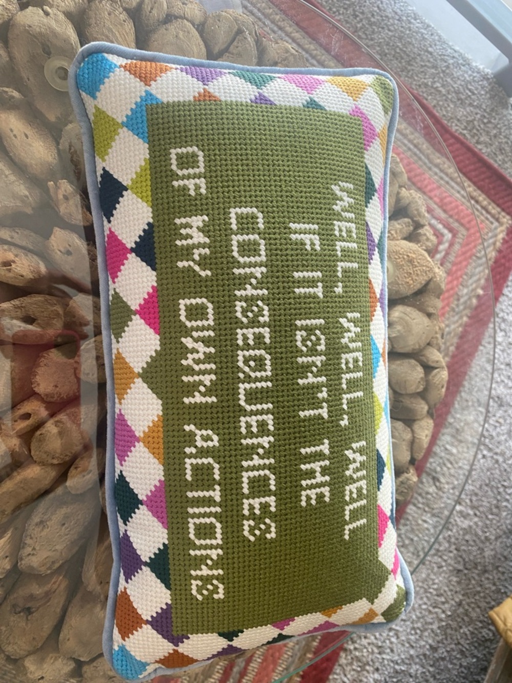Handcrafted Green Needlepoint Accent Pillow with Multicolor Diamond Border